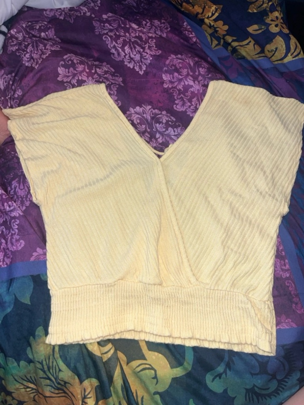 Altar'd State Pale Yellow Ribbed V‑Neck Cropped Top